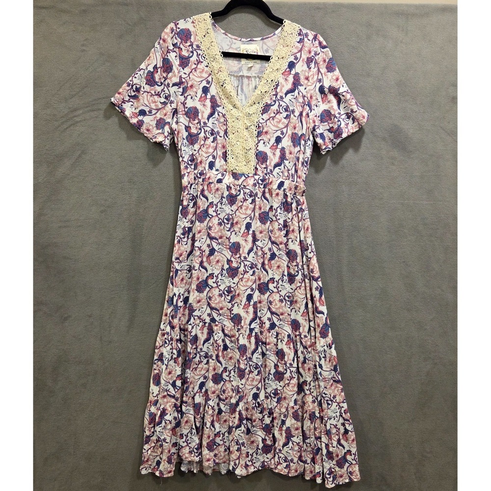 Sunday Mi Amor Anthropology Floral Maxi Dress Women SZ Medium Lace‎ V-Neck Boho